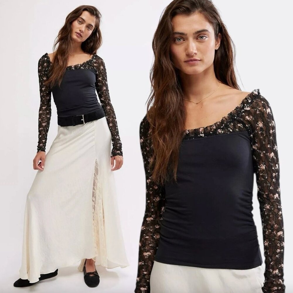 NWT Free People Sz L Josie‎ Top Black Floral Lace Festival Dainty Dark Coquette
